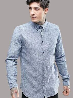 Dr Denim Pete Long Sleeve Casual Button-Down Shirts Blue Mens Large